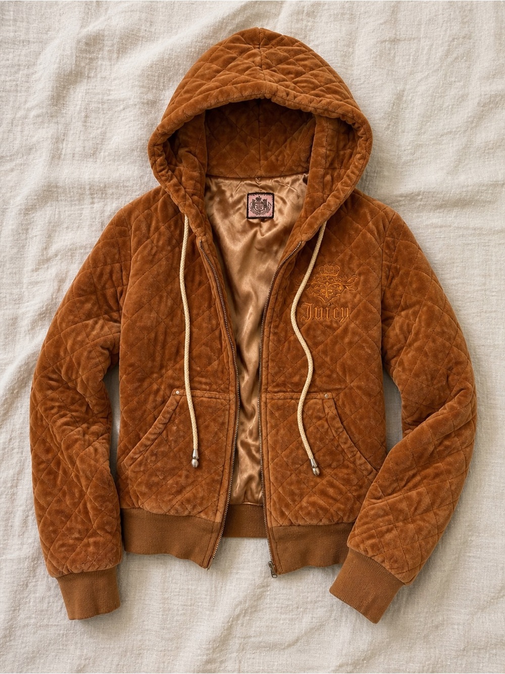 Juicy Couture Velour Quilted Hoodie Brown Zip Up Y2K Jacket Size Large